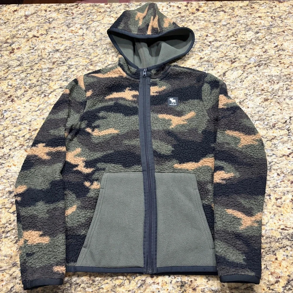 Abercrombie Boy Camo Sherpa Fleece Full Zip Hoodie Jacket Green Brown 13/14 ws
